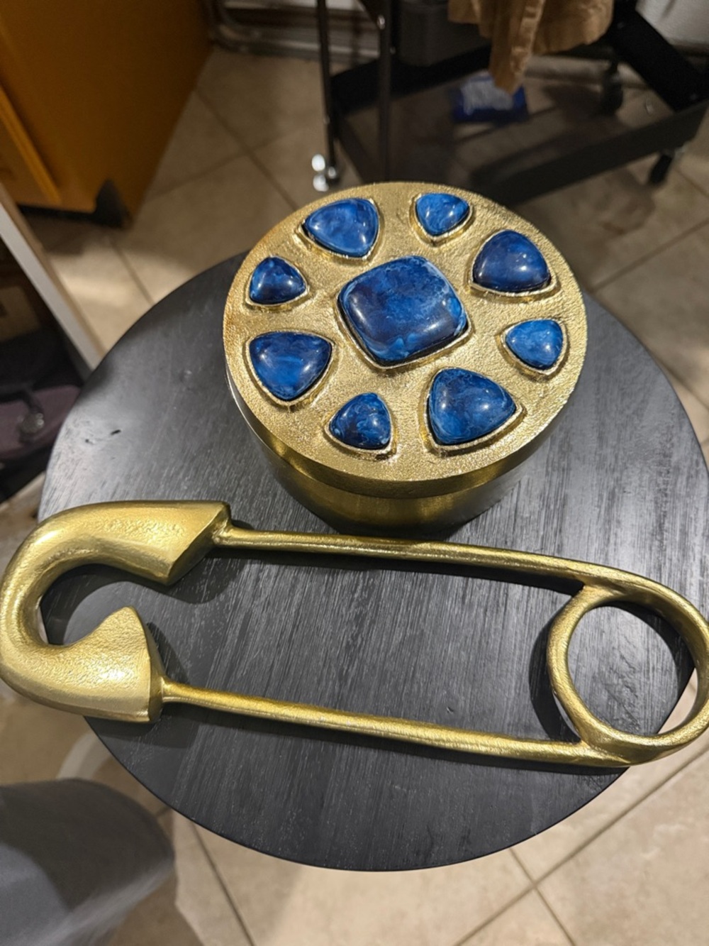 Gold Decorative Box with Blue Gem Accents